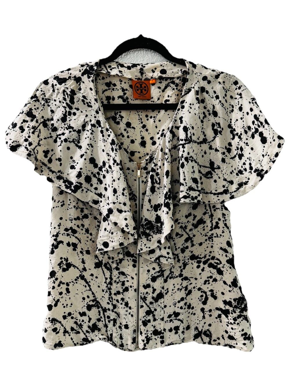 Tory Burch 100% Silk Ruffle Exposed Zipper Splatter Print Blouse Top 2